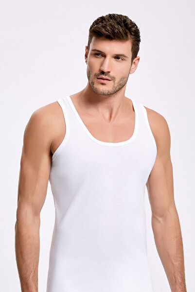 İlke Men's 100% Cotton Wide Collar Thick Strap 6-Piece Rib Knit Undershirts