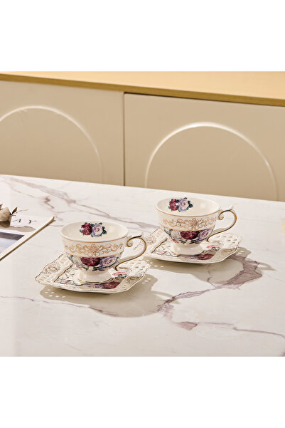 Malooki Set of 2 coffee cups with 2 porcelain saucers 200 ml - elegant floral...