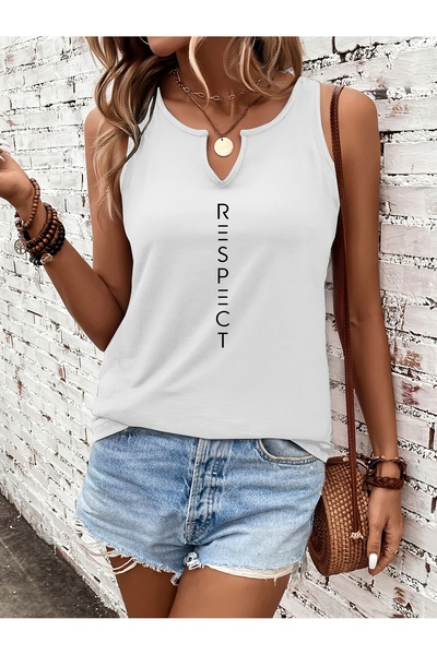 mercoledi Women's Respect Printed Half V-Neck Sleeveless Regular Fit Casual T...