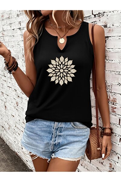 mercoledi Women's Mandala Printed Half V-Neck Sleeveless Regular Fit Casual T...