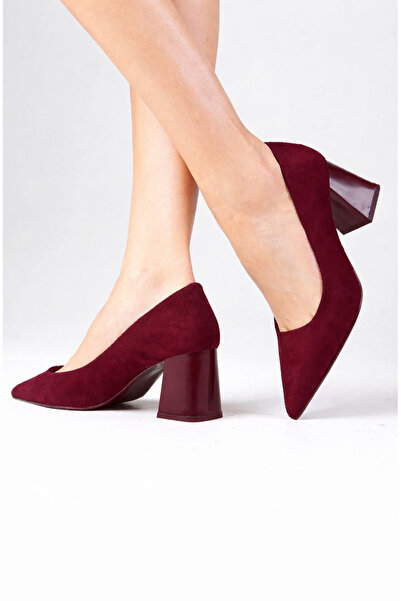 zaınexpress Women's Burgundy Fabric Heeled Shoes 7cm Heels