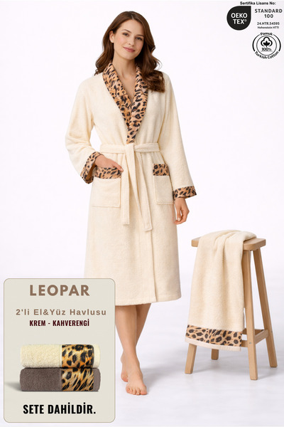 Ellaline 2-Piece Set of Leopard Printed Women's Bathrobes 100% Cotton Certifi...