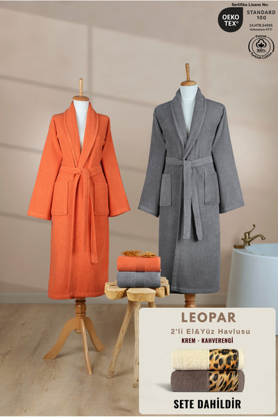 Ellaline 4-Piece Striped Şalyaka Bathrobe Set 100% Cotton Certified + Leopar ...