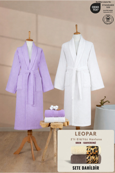 Ellaline 4 Piece Şalyaka Family Bathrobe Set 100% Cotton + Leopard 2-Piece Br...