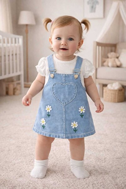 BEBEXO KIDS Kız Bebek Salopet Papatya Nakışlı Kot Jile ve Bluz Takım/Bayramlı...