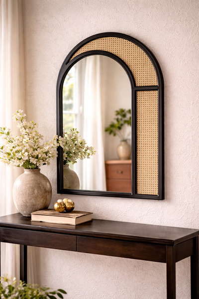 Vinner Dekoratif Duvar Aynası 50x80 cm Siyah Çerçeve Cane Hasır Detaylı Moder...
