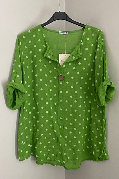 AYASOFYA OTANTIK Women's Italian Light Green Polka Dot Patterned Button Detai...