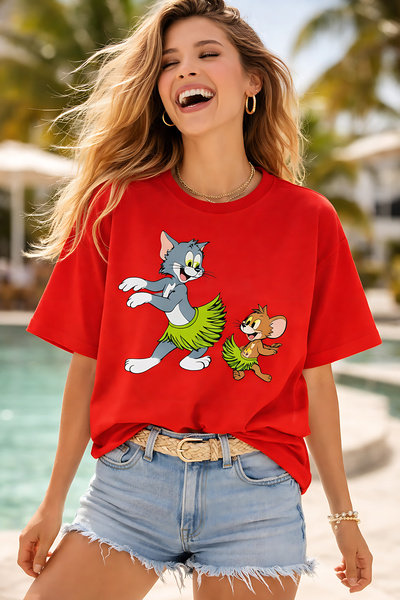 ArtYus Cat and Mouse Character Printed Unisex Oversized T-Shirt – Pack of Cot...