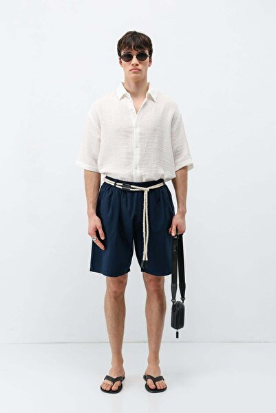 VAMOSCLO حزام قطعة شورت كبير الحجم كتان باللون الأزرق الداكن