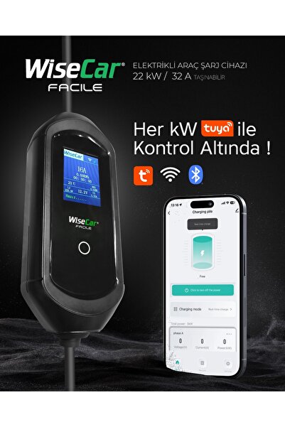 WiseCar Facile 22 kW 32A Mobil Uygulamalı Taşınabilir Elektrikli Araç Şarj Cihazı Tuya Smart
