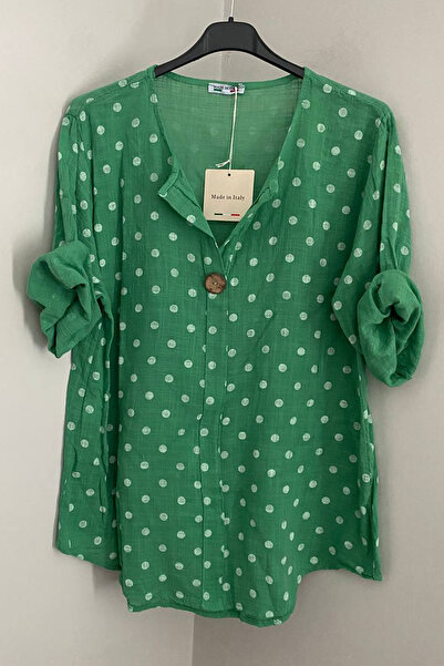 AYASOFYA OTANTIK Women's Italian Green Polka Dot Patterned Button Detailed 3/...