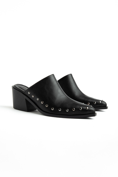DENORA Black Matte Leather Stud Detail Closed Front Open Back Heeled Western ...