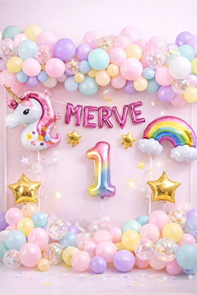 BKMC PARTY 5 Harfli Kişiye Özel Unicorn Doğum Günü Süsü Pastel Balon Zinciri ...