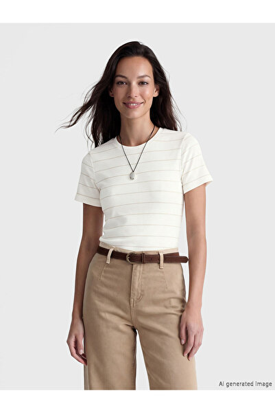 LC Waikiki Κίτρινο T-shirt με λαιμόκοψη Ριγέ για γυναίκες