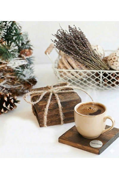 MİPOY DESİNG El Yapımı Doğal Ahşap Bardak Altlığı Takımı - 4 Adet