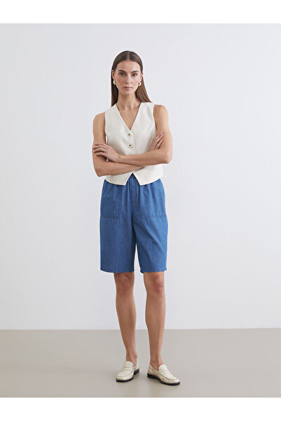 LC Waikiki Beige Women's Jean Shorts with Elastic Waist