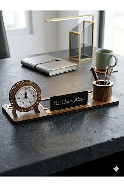 URFA LAZER Kişiye Özel Ahşap Masa İsimliği Organizer Kalemlik ve Saatli Ofis ...