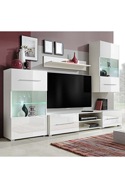 Concept Комплект мебели за стенен телевизор, 5 части, LED осветление, бял