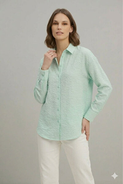 axy Kadın Mint Yeşili Oversize Gömlek – Uzun Kollu Düğmeli Rahat Kesim Günlük...