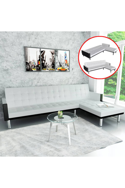 Concept Καναπές-κρεβάτι σε σχήμα L, Τεχνητό δέρμα , λευκό