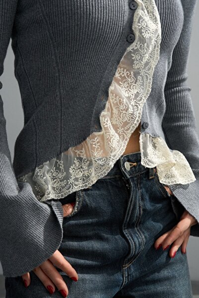 LOKADI Women's Anthracite Asymmetrical Lace Detailed Corded Fabric Knitwear T...