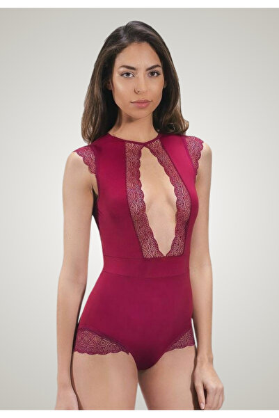 Cottonhill Women's lace bodysuit, low-cut, button closure, burgundy color