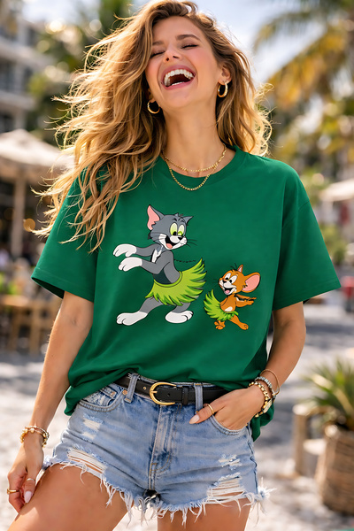 ArtYus Cat and Mouse Character Printed Unisex Oversized T-Shirt – Pack of Cot...