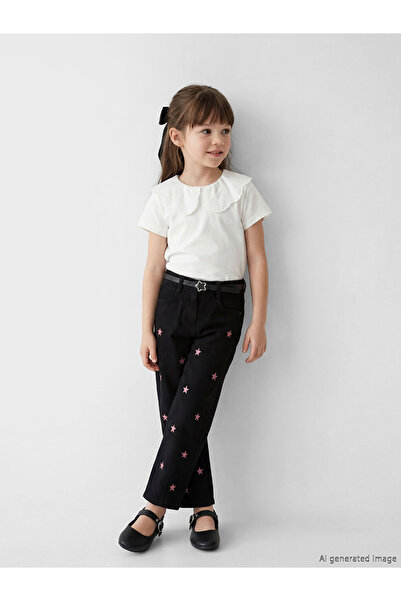 LC Waikiki Pantaloni negri din denim pentru fete, model Balloon Fit și curea