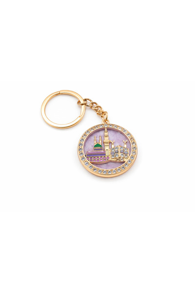 EFEAKS Kaaba & Prophet's Mosque Round Design with Stones Keychain Gold Lilac