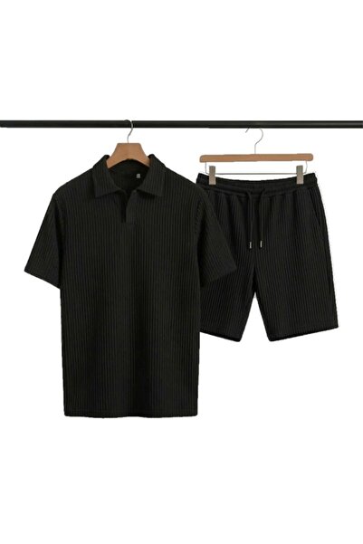 EXPECTED Men's Black Ottoman Fabric Shorts Suit Fit Polo Collar Casual