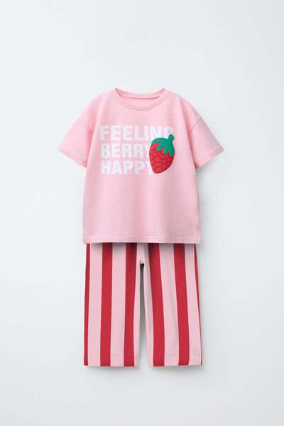 Magu طقم بدلة رياضية مكون من قطن قطع للفتيات باللون الوردي الفراولة مطبوع