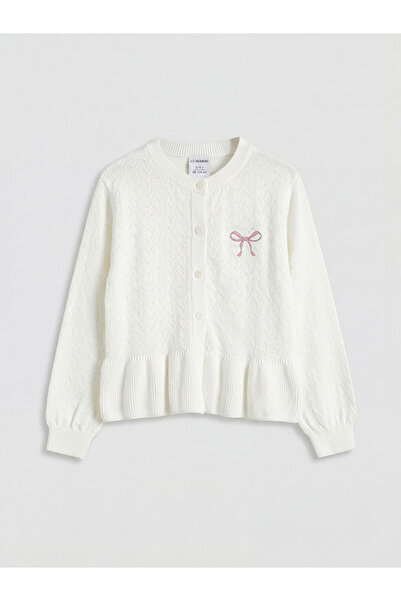 LC Waikiki Ecru Embroidered Crew Neck Girls' Knitwear Cardigan