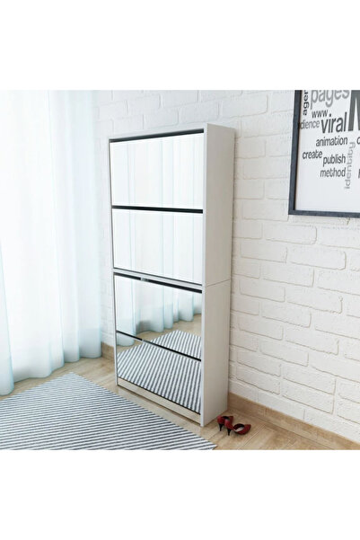 Concept Pantofar cu 4 niveluri și oglindă, alb, 63 x 17 x 134 cm