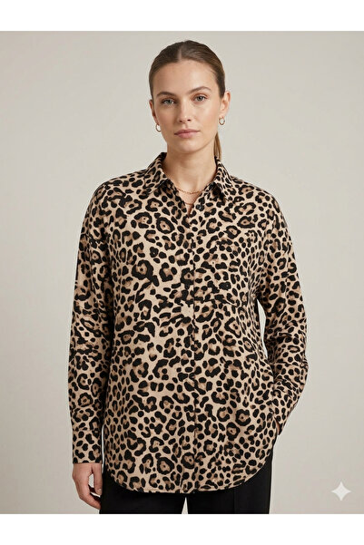 axy Kadın Leopar Desenli Gömlek – Uzun Kollu Düğmeli Şık Oversize Bluz