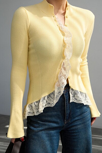 LOKADI Women's Anthracite Asymmetrical Lace Detailed Corded Fabric Knitwear T...