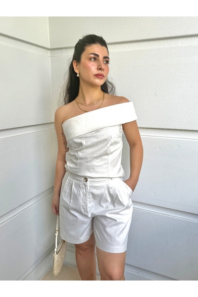 SILA DEMİR BOUTIQUE Beyaz Bluz Şort Keten Takım