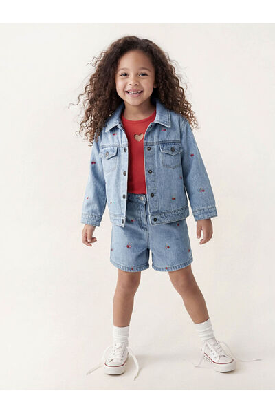 LC Waikiki Lcw Kids Indigo Elastic Waist Embroidered Girls' Jean Shorts