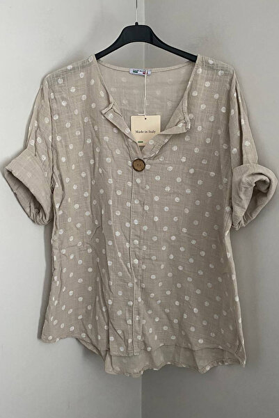 AYASOFYA OTANTIK Bluză tunică italiană de damă, bej, cu buline cu model nastu...