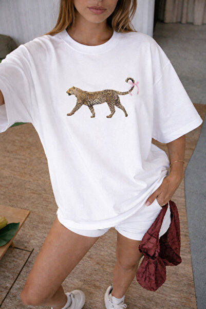 DEZZİİ Woman leopard tail ribbon t-shirt white