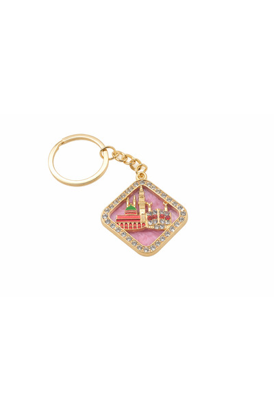 EFEAKS Kaaba & Prophet's Mosque Quadrilateral Design with Stones Keychain Gol...