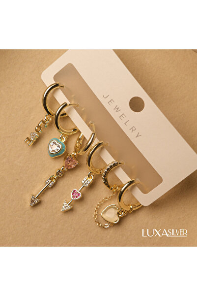 luxa silver jewellery 6’Lı Set Zirkon Taşlı Gold Yüksek Çelik Küpe/Kararmaz/1...