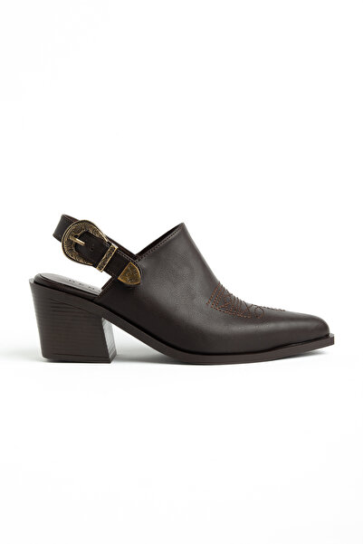 DENORA Bitter Brown Matte Leather Buckled Embroidered Closed Front Open Back ...