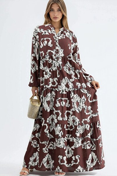 Hiccup Buttoned V-Neck Patterned Maxi Dress
