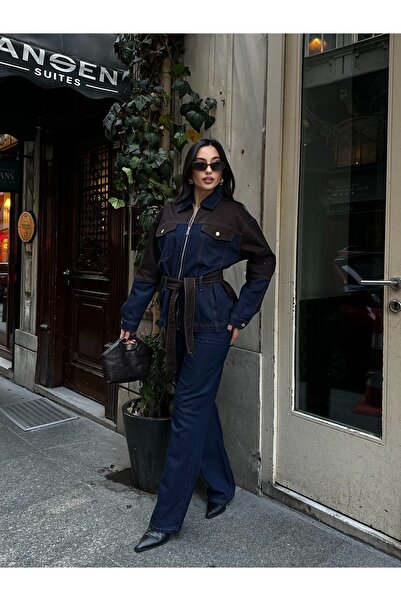 ASEDE Pocket Detail Belted Piece Coffee Brown Navy Blue Denim Zipper Premium ...