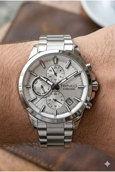 Ferrucci Silver Case Men's Wristwatch |   42mm Steel Case, Silver Metal Band,...