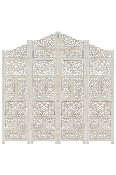 Concept Paravan cameră sculptat manual, 4 panouri, alb 160x165 cm mango