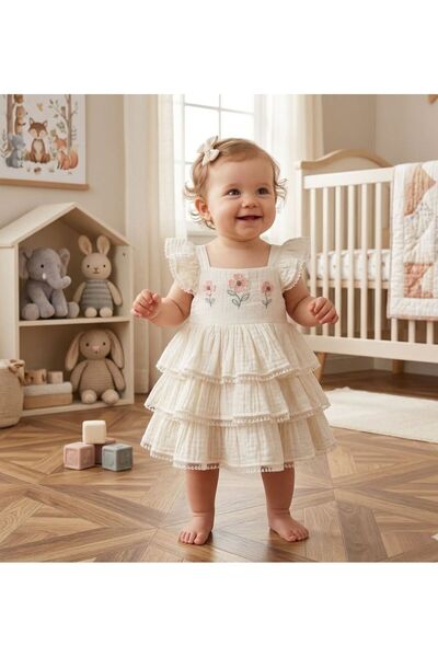 Luna Kids Store Baby Girl 100% Cotton Muslin Floral Embroidered Dress White