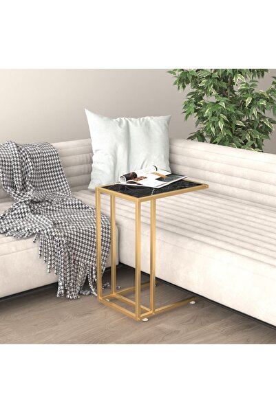 Concept Μαύρο μαρμάρινο βοηθητικό τραπεζάκι υπολογιστή από γυαλί 50x35x65 εκ.