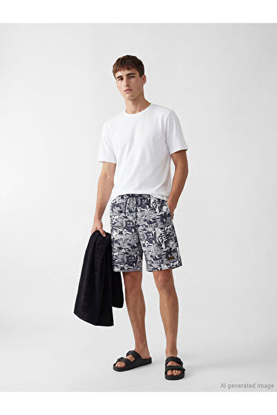 LC Waikiki Ανδρικό μαγιό με σχέδιο σε μπλε ναυτικό χρώμα μέχρι το γόνατο