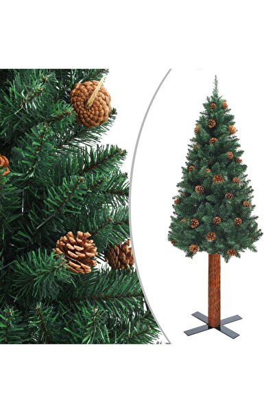 Concept Pom Crăciun artificial subțire lemn și conuri verde 150 cm PVC